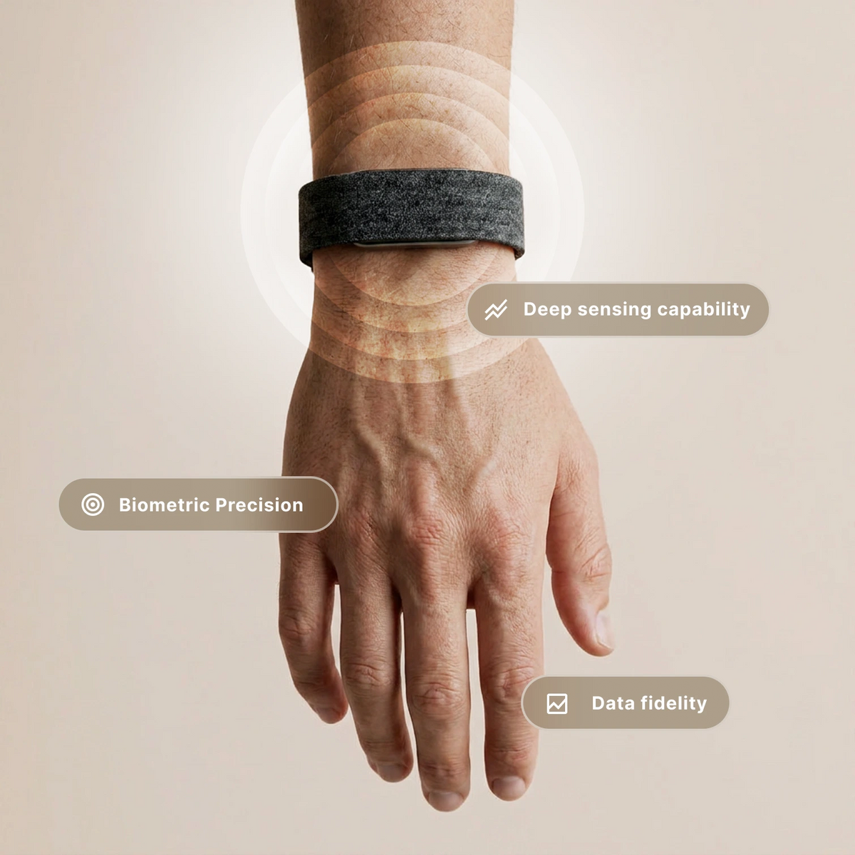Close-up of a person wearing a hume band 2.0 on their wrist. Visual indicators highlight biometric precision, deep sensing capability, and data fidelity to emphasize advanced health monitoring technology.