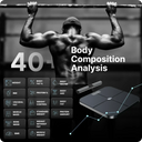 Muscular man doing pull-ups with ‘Body Composition Analysis 40+’ text, showing smart scale features like weight, body fat percentage, BMI, muscle mass, and body water.