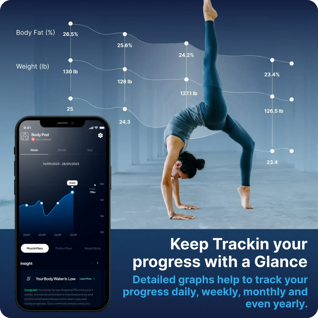 Woman doing a handstand workout with fitness tracking app on smartphone, showing body fat percentage and weight changes over time with progress graphs and analytics.