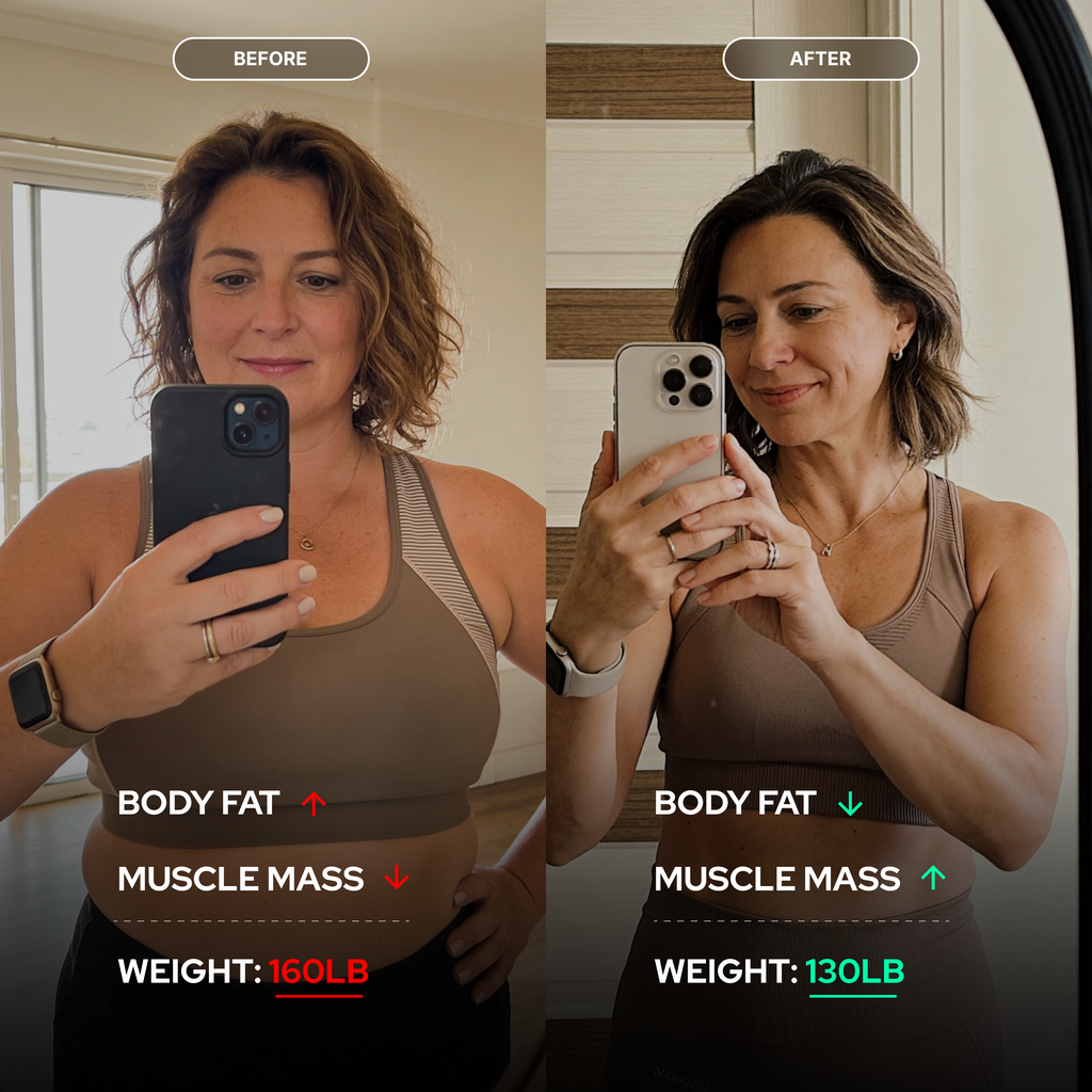 Before and after comparison of a woman's body metrics using smartphone app results.