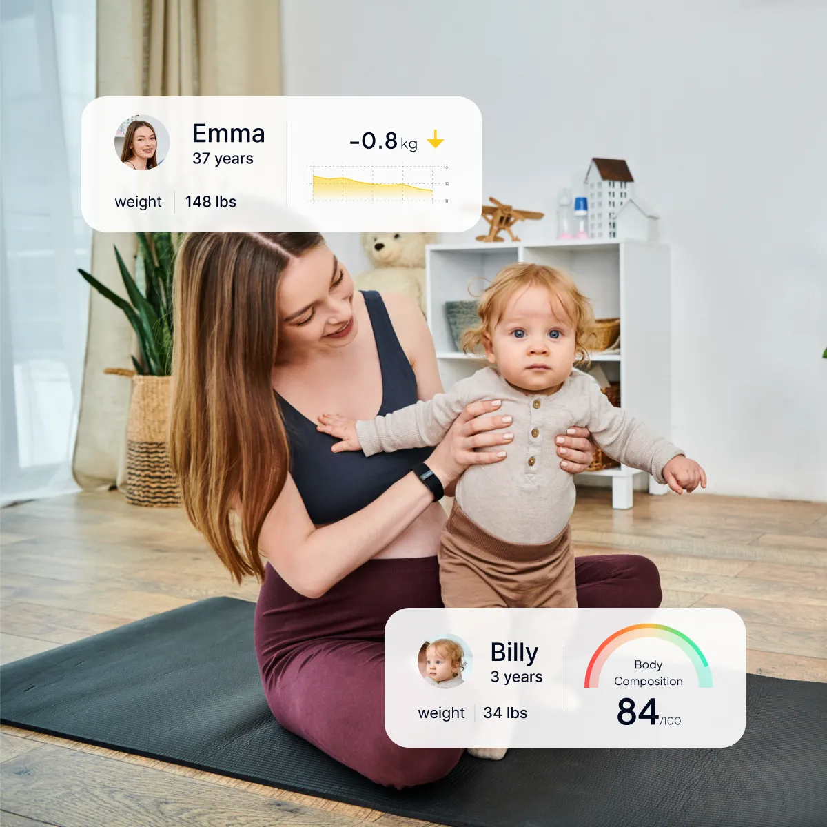 Mother exercising on a yoga mat with her baby wearing a Hume Band, with app overlays showing weight tracking for the mother and body composition score for the child.
