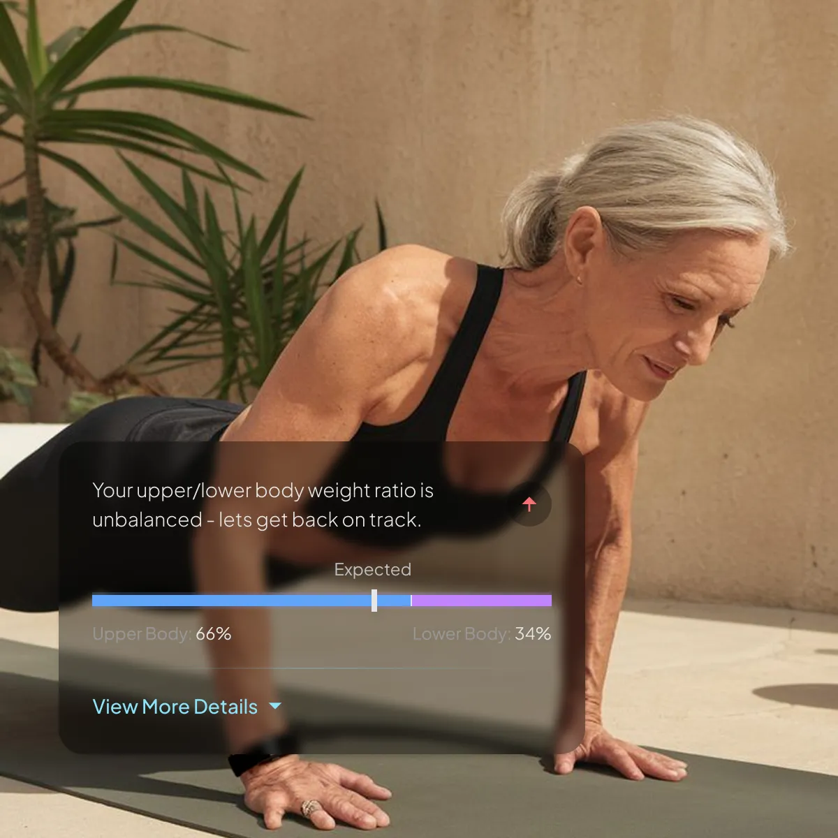 Older woman exercising on a yoga mat wearing a Hume Band, with app insight showing unbalanced upper and lower body weight ratio and recommendations for improvement.