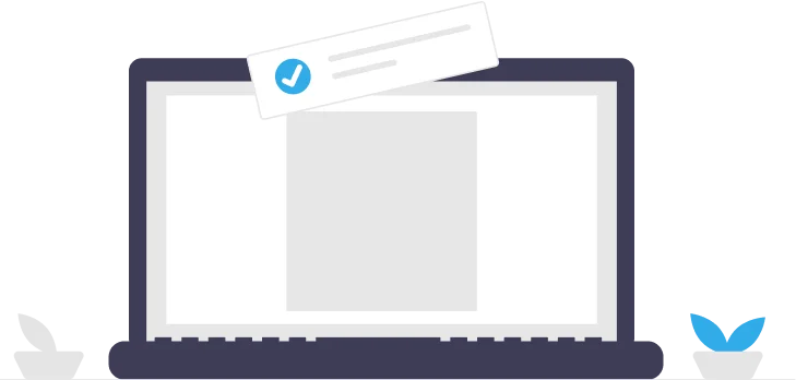 Sign Up and Access Your Unique Code: illustration of a laptop with a document and checkmark, representing platform registration to receive a personalized discount code and referral link